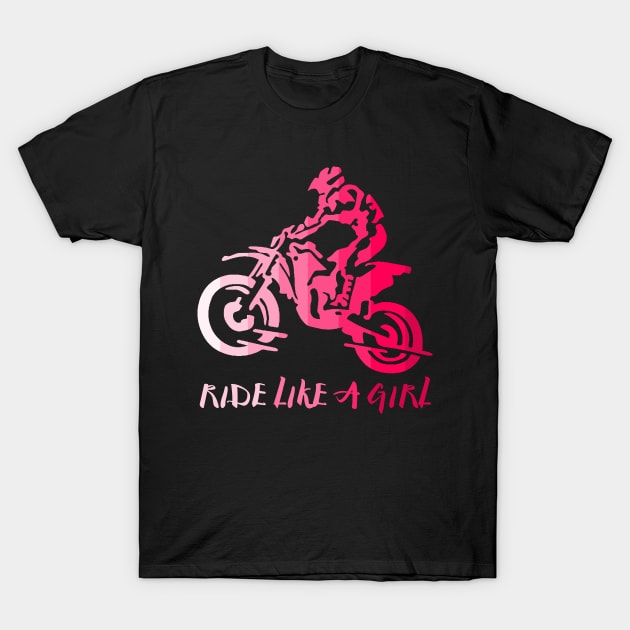 I Ride Like a Girl Pink Retro Biker Silhouette Enduro Girl T-Shirt by Bezra